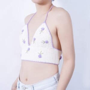 Lilac Crochet Bra, Floral Crochet Bra, Hand-Knitted Crochet Bikini, Halterneck Bra, Beach Bra, Handmade Crochet Bra