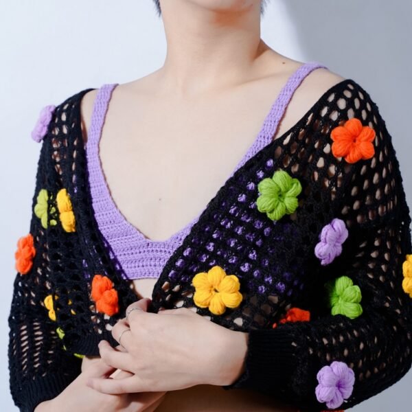 Lyly Cardigan, Lightweight Cardigan, Women's Knitwear, Flower-Patterned Crochet Cardigan, Short-Length Cardigan, Crochet Crop Top - Image 3