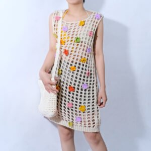 Amber Crochet Dress, Crochet Flower Embellished Dress, Feminine Dress, Cream-Colored Crochet Dress, Beach Dress, Bikini Cover-Up Dress