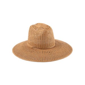 Wide-brimmed straw cowboy hat in natural brown with a textured design.