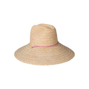 The Vista hat made of raffia with a wide brim and pale pink chin cord